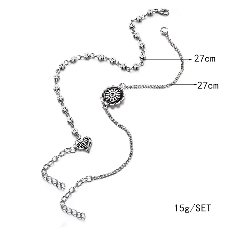 pack of 2 vintage metal heart pendant beach anklets with faux sunflower in mixed link chains