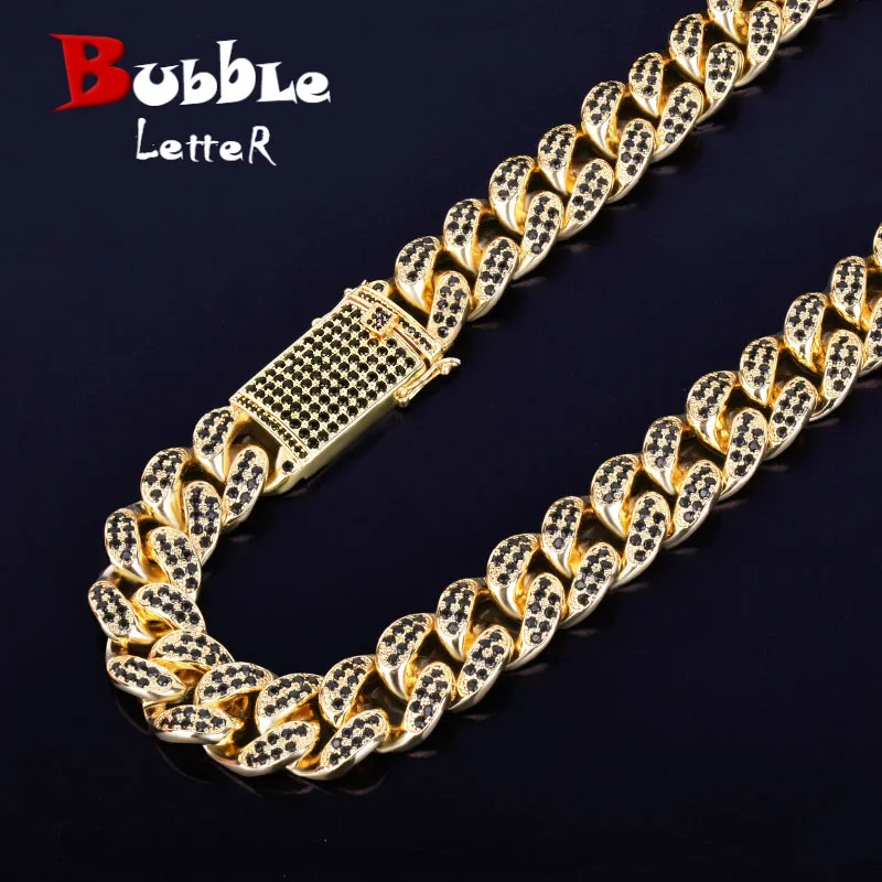 

Finish Men's 20mm Heavy Black Zircon Miami Cuban Link Necklace Choker Bling Bling Hip hop Jewelry Gold Color Chain 16" 18" 20"