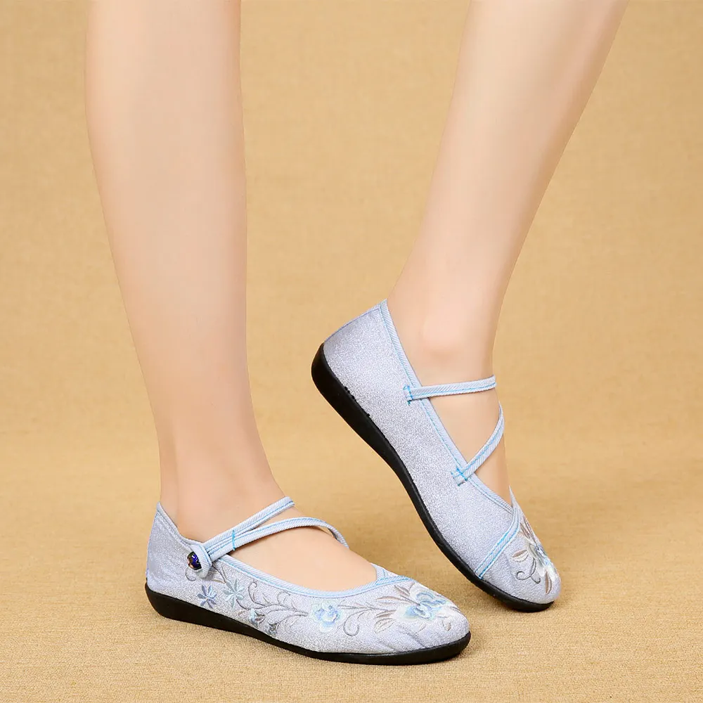 Veowalk Chinese Vintage Flower Embroidered Women Cotton Ballet Flats Triangle Buckles Ladies Soft Foldable Comfort Shoes