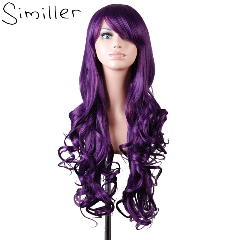 Similler Women Long Synthetic Wigs Heat Resistance Wavy Hair Multicolour Cosplay Wig Red Green Blue Black Purple Grey 80cm