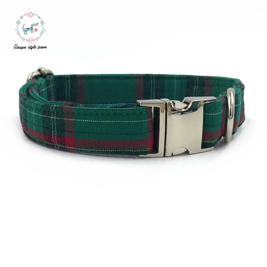 Dark Green Plaid Dog Collar with Bow Tie Metal Buckle Dog &Cat Necklace Dog Leash for Big and Small Dog and Cat Pet Accessories