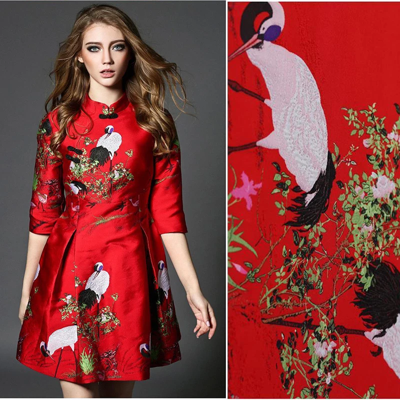 

New arrival chemical fiber brocade jacquard Red-crowned crane fabric for felt patchwork sewing women dress clothing