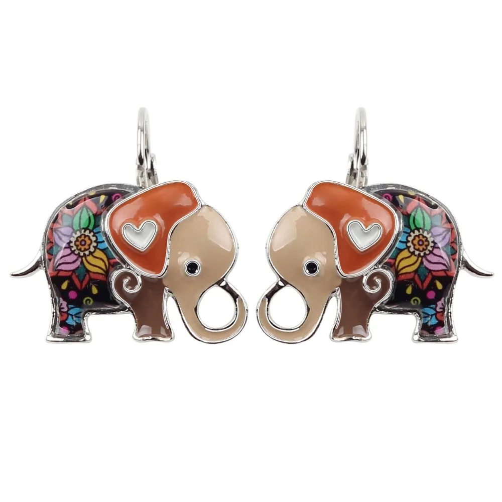 Bonsny Enamel Colorful Jungle Elephant Earrings Stud Drop French Clip Dangle Alloy Fashion Animal Jewelry For Girls Women Ladies