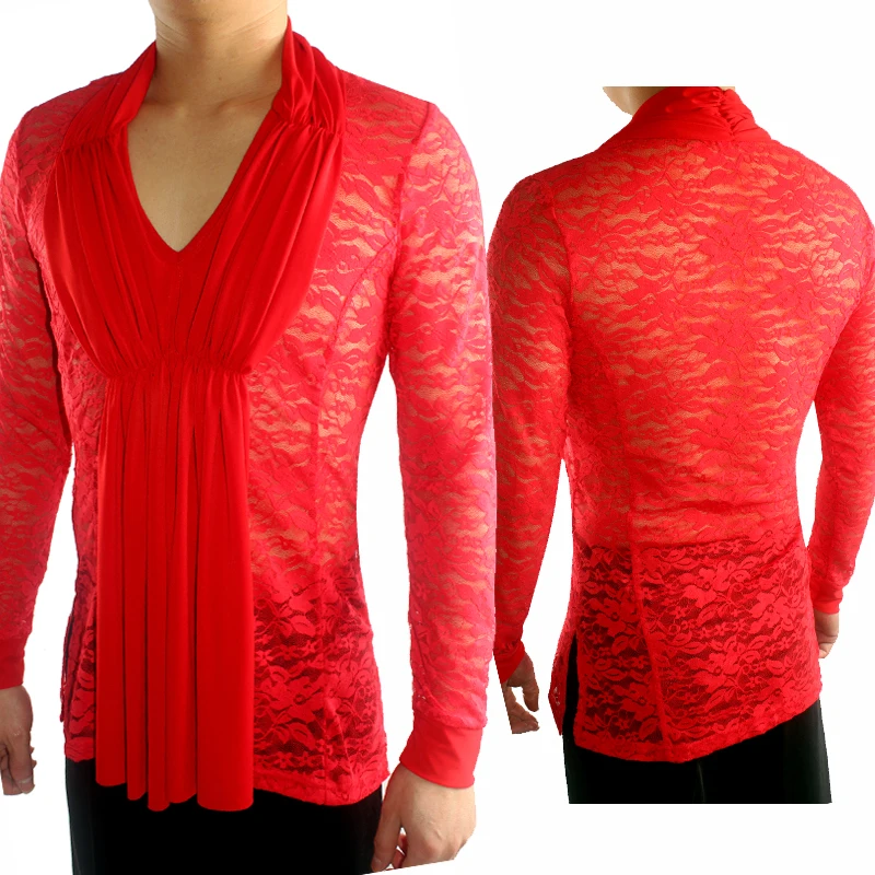 Latin Top Long Sleeve Sexy Lace V Collar Latin Dance Shirts Men \'S Performance Practice Dancewear Cha Cha Rumba Samba DNV11329