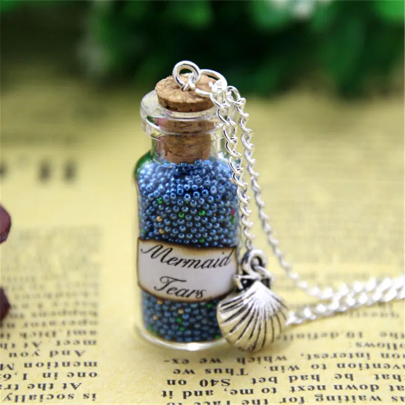 12pcs Mermaid Tears Magical Bottle Necklace with Sea Shell Charm Pirates of the Caribbean Stranger Tides necklace in silver