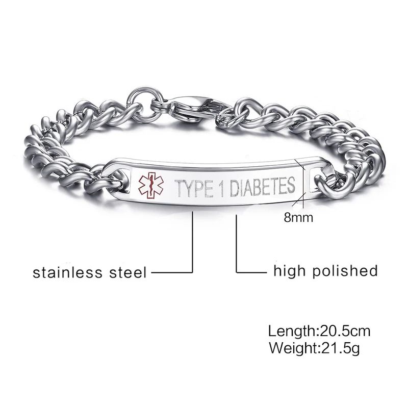 Engraved Medical Alert Link Chain Bracelet Stainless Steel Not allergic-ID Tag TYPE 1 DIABETES