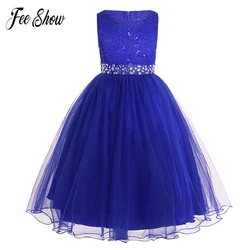 Teen Girls Sleeveless Sequins Lace Mesh Flower Girl Dress Princess Pageant Ball Gown Wedding Party Dress with detachable sashes