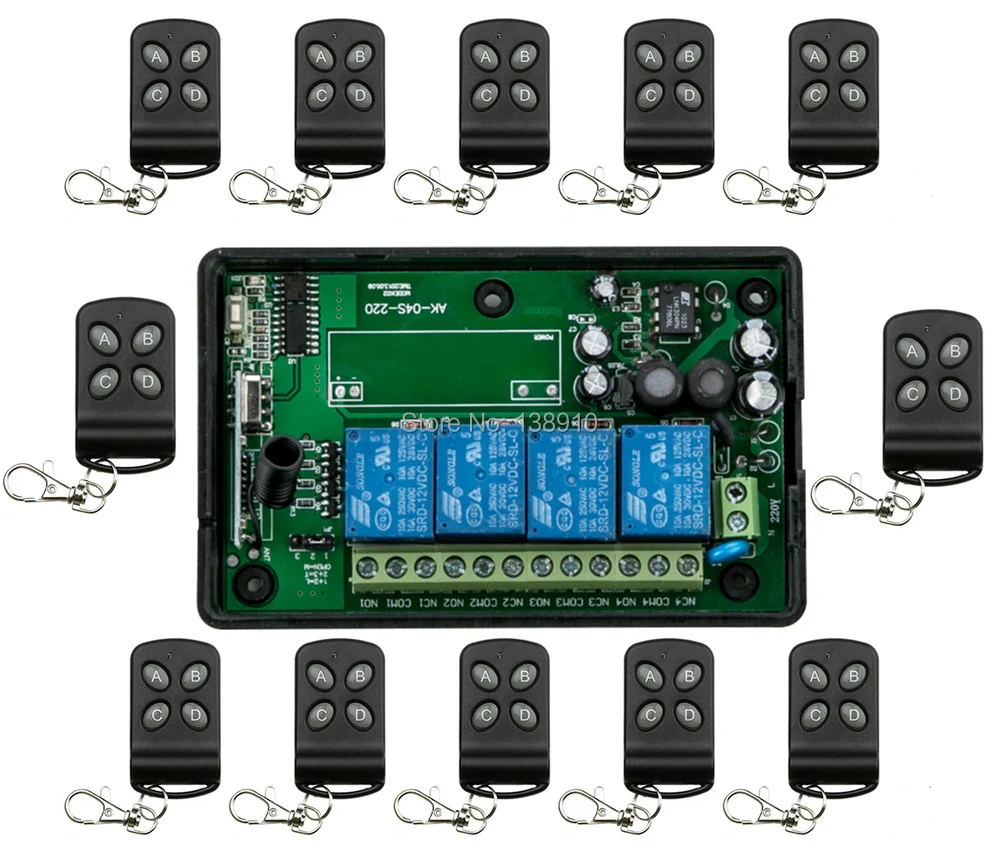 

Беспроводной Радиочастотный переключатель с дистанционным управлением, 85-250 В, 4 канала, система безопасности, гаражные двери, электрические двери и 1 приемник, 12x передатчик