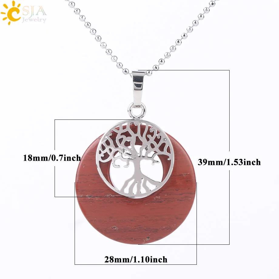 CSJA Natural Stone Tree of Life Charm Pendant Round Hollow Donut Reiki Silver Color Pendants Necklace for Women Men Jewelry F951