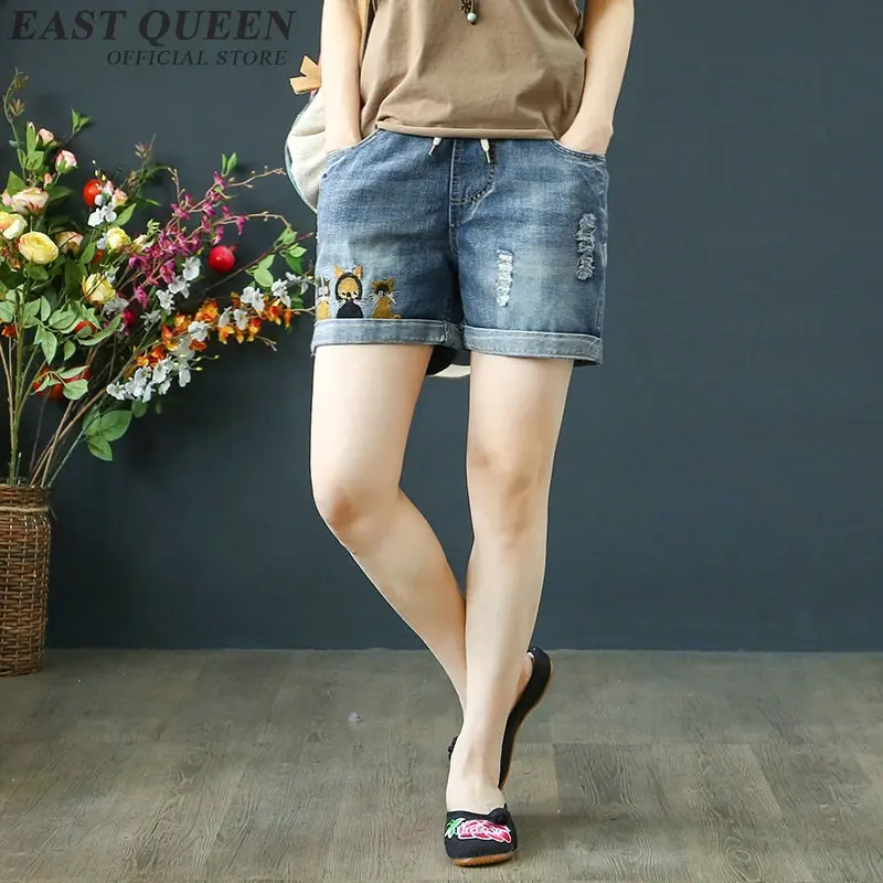 

Summer jeans shorts with high waist 2018 women denim short ripped straight drawstring cartoon pattern female short DD943 L