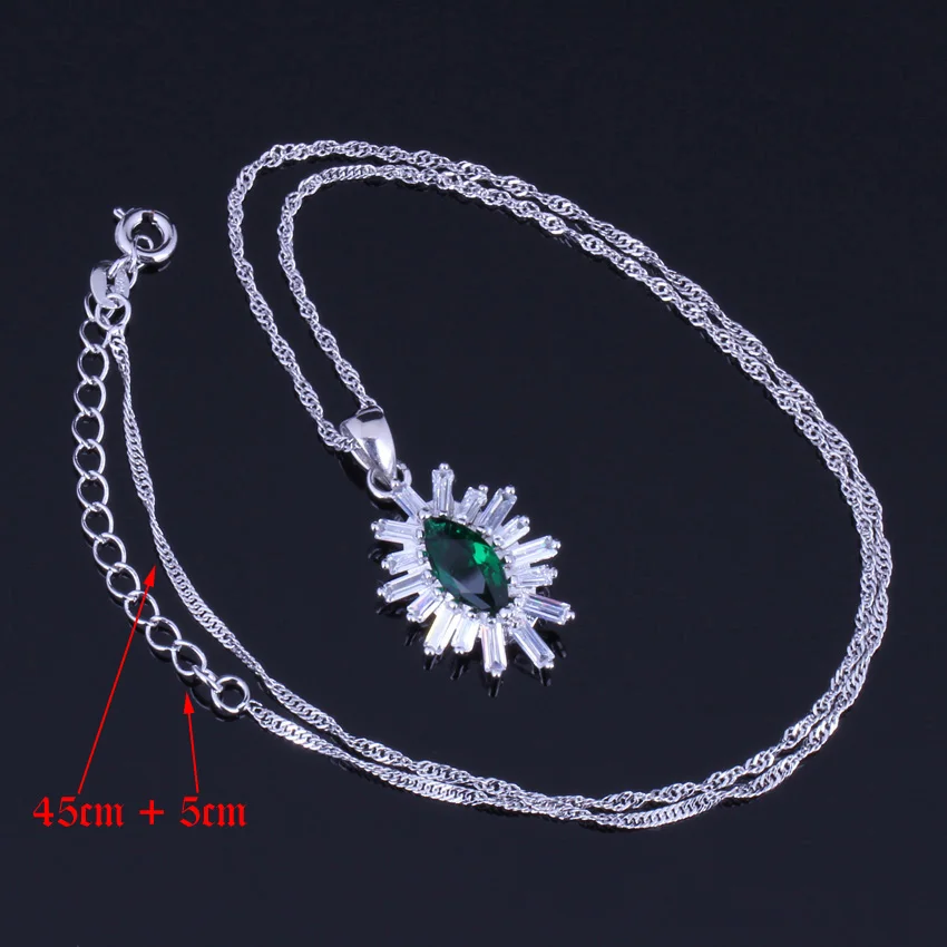 Glittering Green Cubic Zirconia White CZ Silver Plated Jewelry Sets Earrings Pendant Nacklace Chain Ring V0243