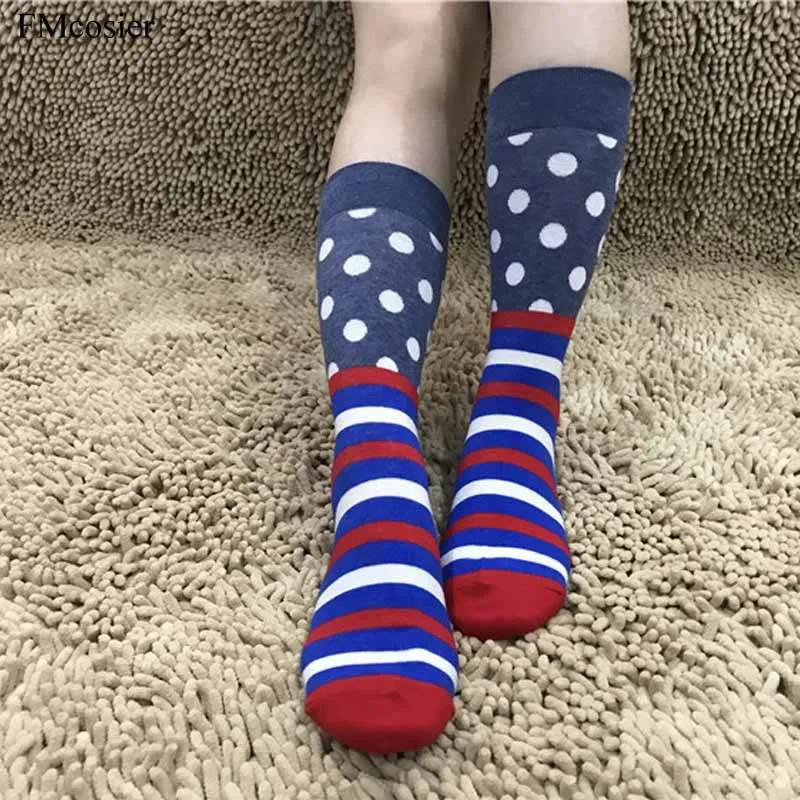 2024 Spring Fashion Women Happy Socks Ladies Polka Dot Funny Long Stripe Unisex 5 Pairs Black Blue