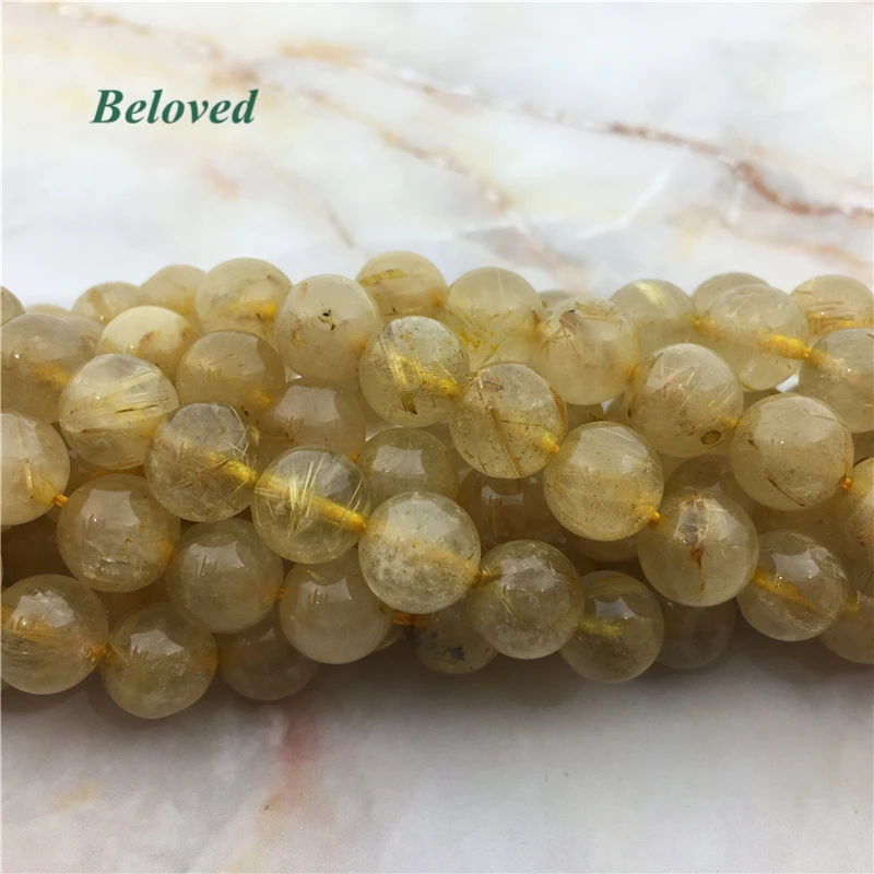 Genuine Round Gold Rutilated Quartz Loose Beads, Smooth Hair Stone Divergent Crystal Gems Bead For Jewelry DIY, BG18133