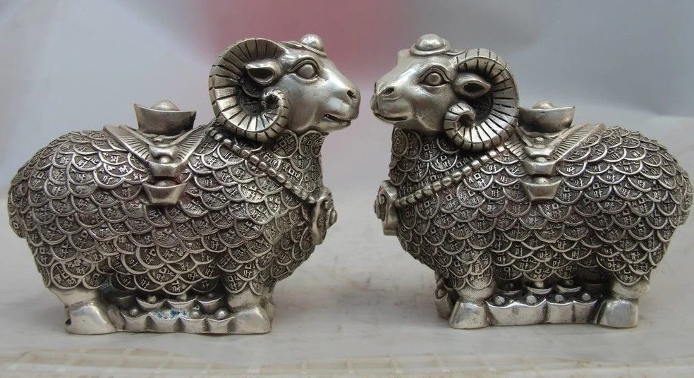 China White Copper Silver Yuan Bao Wealth Money Zodiac Sheep Goat Statue Pair