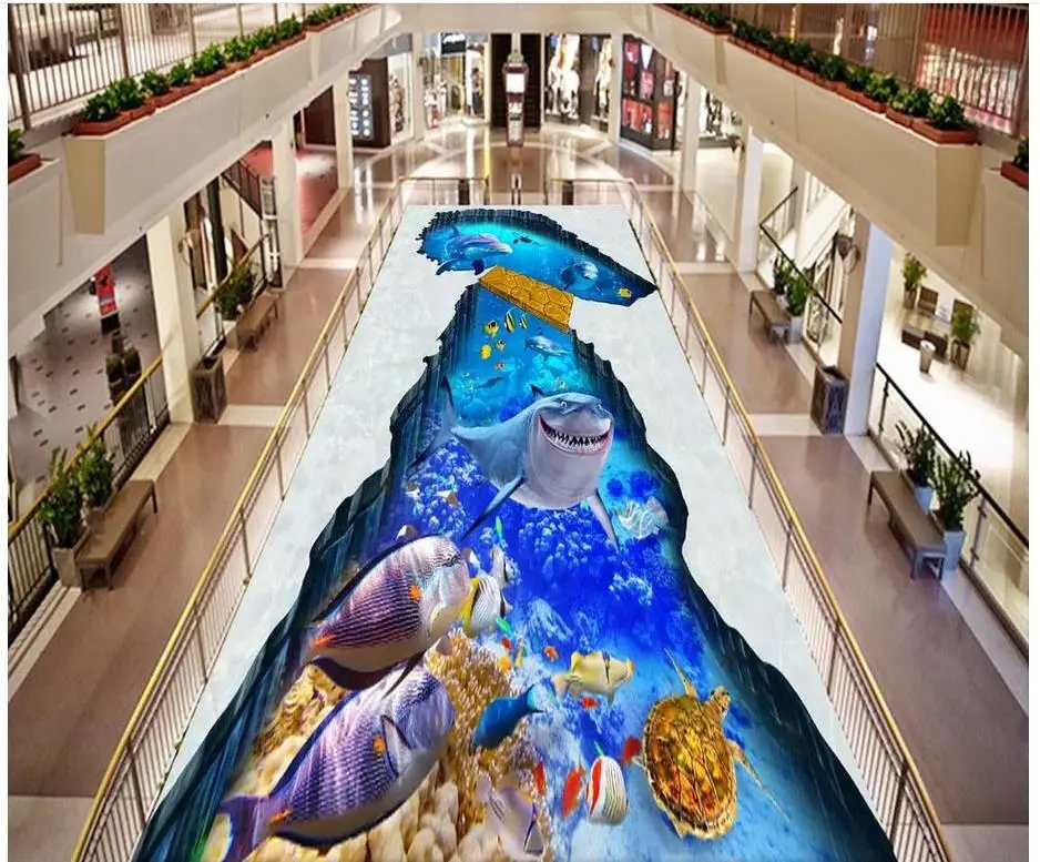 

3d floor painting wallpaper Sea shark dolphins wooden bridge 3D floor painting wallpaper for bathroom waterproof