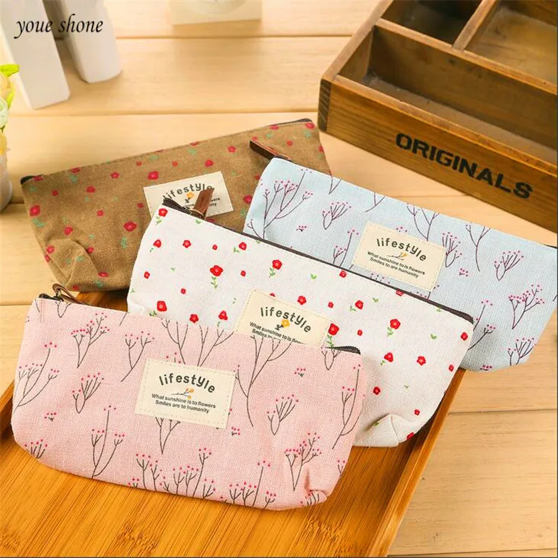 

1PCS Floral Canvas Zipper Pencil Case Lovely Cloth Bag At Learning Activities Little Fresh Pastoral Wind Penalty Chancery