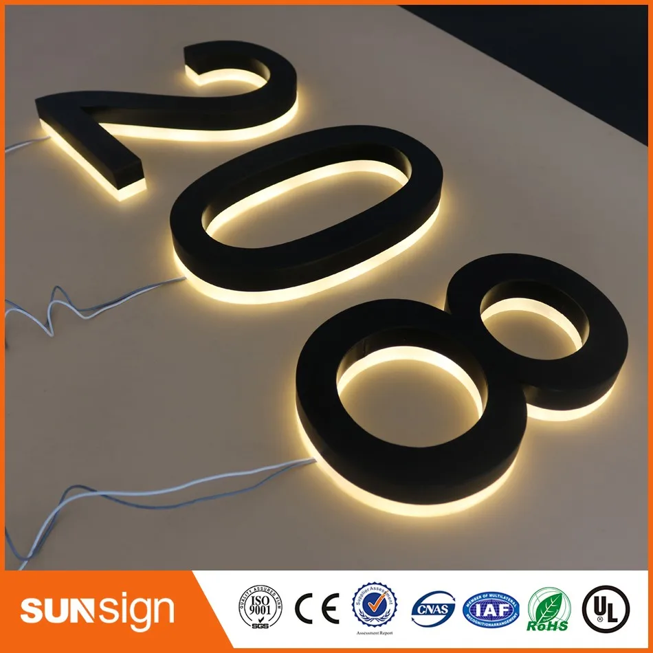 H 25cm Factory Outlet back lit Stainless steel LED Home number,back faces with warm white led light backlit letters