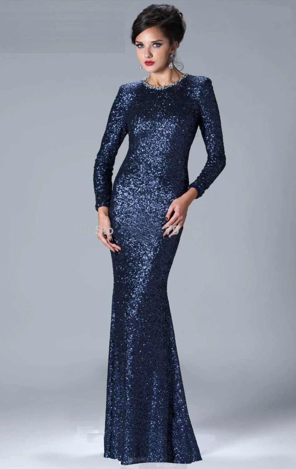 

Sexy 2019Mermaid High Collar Long Sleeves Navy Blue Sparkle Sequins Elegant Long Evening Dresses Evening Gowns Prom Gown