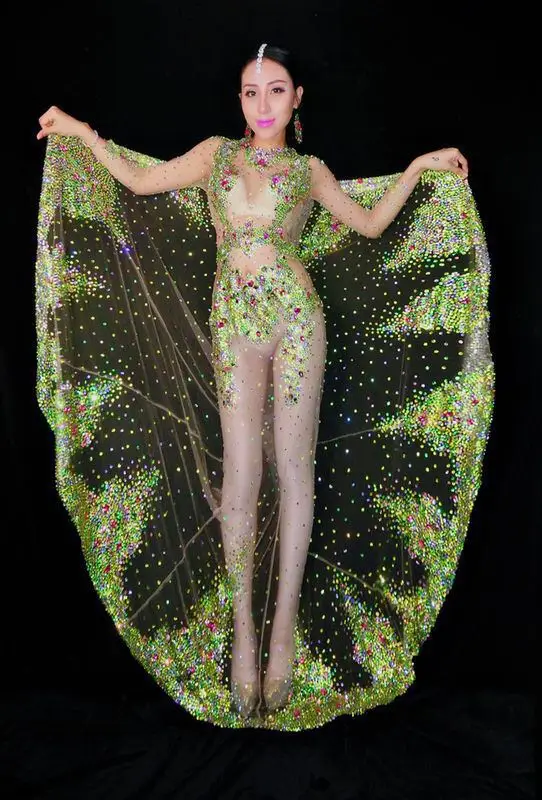 Błyszczące kolorowe kryształy perspektywa długa sukienka damska luksusowa duża sukienka kostium wieczorowy występ na imprezie świętuj sukienki