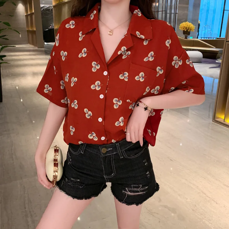 Summer New Loose Chiffon Shirt Girl Red Retro Short Sleeve Turn Down Collar Tops Women Printing Thin Casual Blouse Shirts H9003