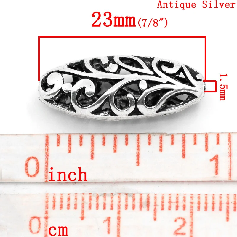 Doreen Box hot-  Spacer Beads Oval Silver Color Hollow Flower Carved 23x10mm,Hole:Approx 1.5mm,20PCs  (B23155)