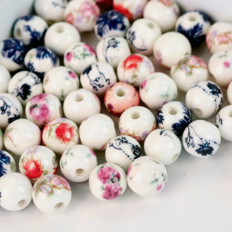 Hotsale 20pcs 8mm 10mm Handmade Round Ceramic Beads Flowers Design Porcelain Loose Beads For Jewelry Necklace Bracelet DIY Beads