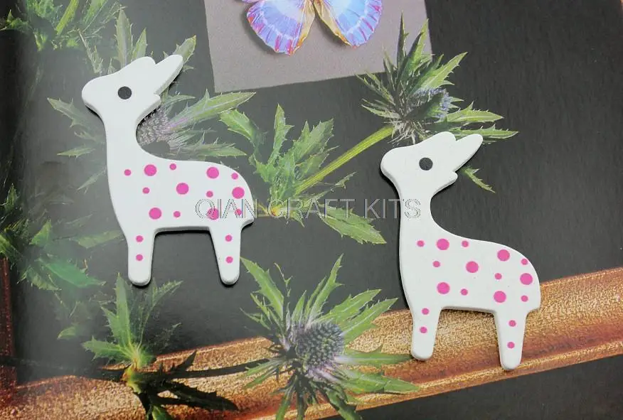 100pcs large wood white painted kawaii deer fawn bambi w/ pink dots wooden pendants charm cabochons