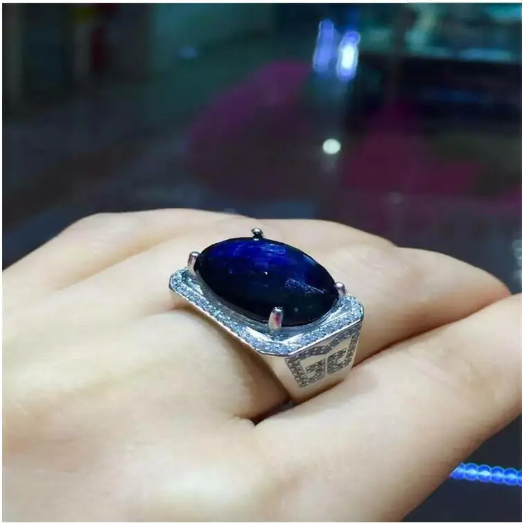 S925 sterling silver inlaid Natural sapphire ring 13*18mm High quality pure Gem good clarity For Men or Woman