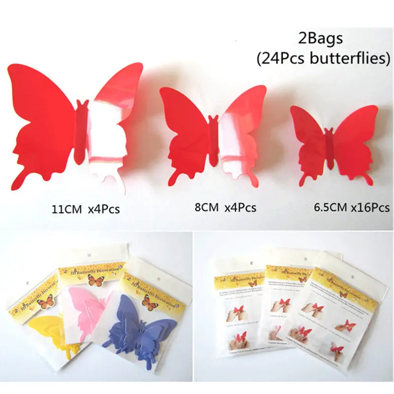 3D Butterfly PVC Wall Stickers, DIY Home Decor Poster, Adesivo de cozinha, Decalques de parede, 24Pcs por lote