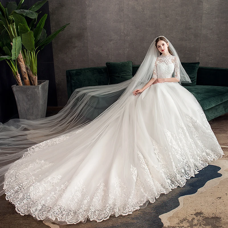 Robe de Mariée en Dentelle Brodée avec Grande Traîne, Tenue Vintage à Col Haut et Demi-Manches, pour Patients, 2023