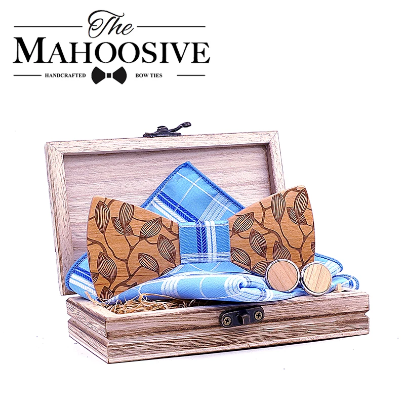 

Mahoosive Wood Bow Tie Gentle men Wooden Bow Ties Set Gravatas Corbatas Butterfly Cravat For Men Wood Ties handkerchief cufflink