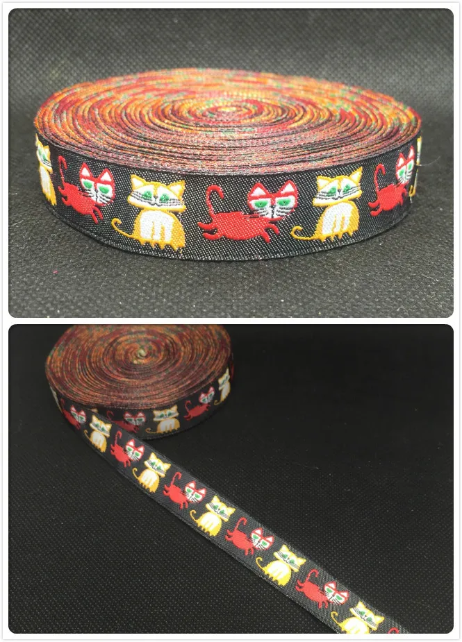 5/8'' (16mmx10yards) Polyester Woven Jacquard Ribbon  cartoon ribbon with cat  ZERZEEMOOY