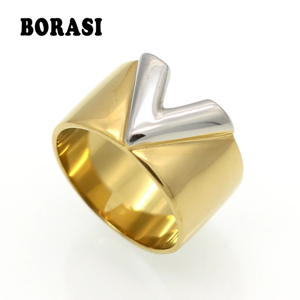 BORASI Fashion Luxury Famous Brand Jewelry Men / Women Ring Gold Double Color V Ring Titanium Steel High Polished Love Rings