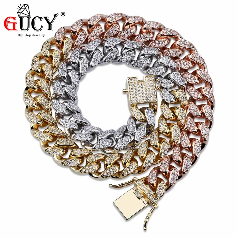 

GUCY Hip Hop 14mm Cuban Chain Necklace Micro Pave Cubic Zircon Stones Tricolor Necklaces Gold Silver Color Men's Jewelry