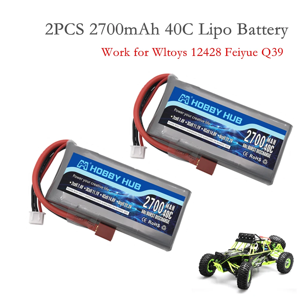 2PCS Hobby Hub RC Lipo Battery 2s 7.4V 2700mAh 40C Max 60C For Wltoys 12428 12423 RC Car feiyue 03 Q39 Upgrade parts Battery