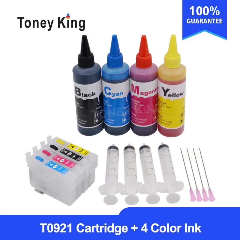 

T0921 Refillable Ink Cartridge for EPSON Stylus T26 T27 TX106 TX109 TX117 TX119 C51 C91 CX4300 Printer + 4 Color Refill Dye Ink