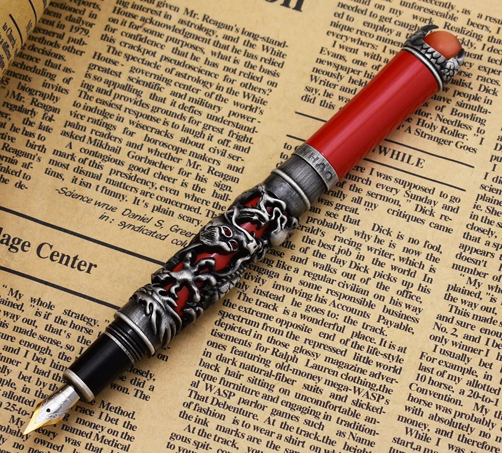 New Jinhao Dragon King Vintage Fountain Pen, Unique Metal Embossing Hi-tech, Gray Color & Red Cap Business Office Home Supplies