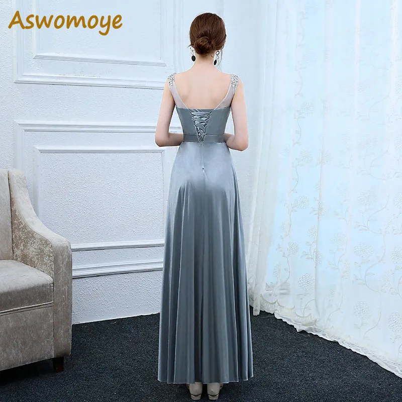 Aswomoye Sexy Evening Dress Long 2018 Sequined Satin Prom Dresses Backless Illusion O-Neck Formal Party Dress Vestido de festa