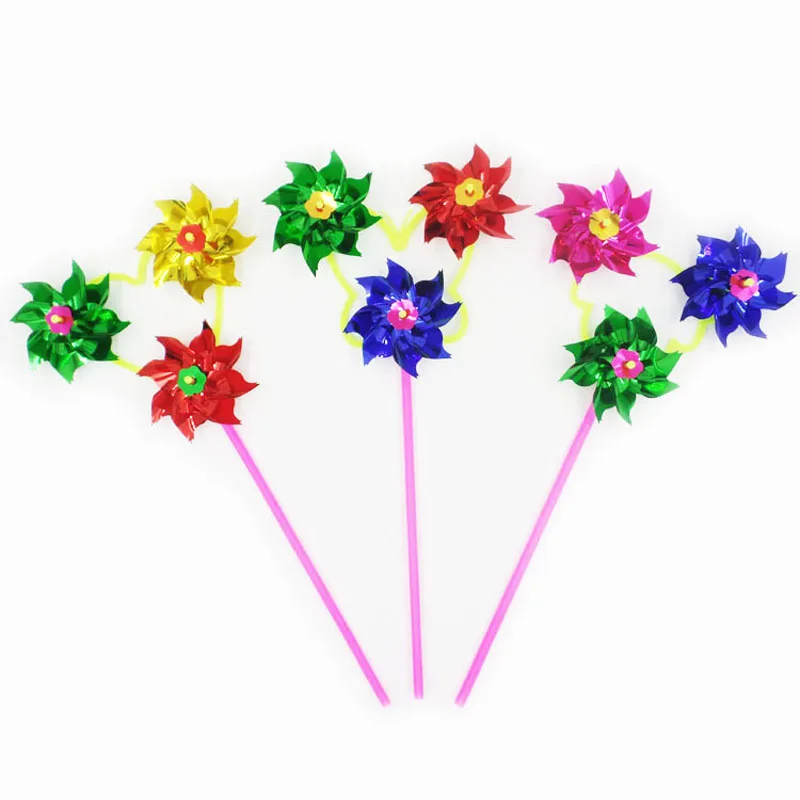 50Pcs/lot colorful plastic three sequins flower windmills  traditional children's toys