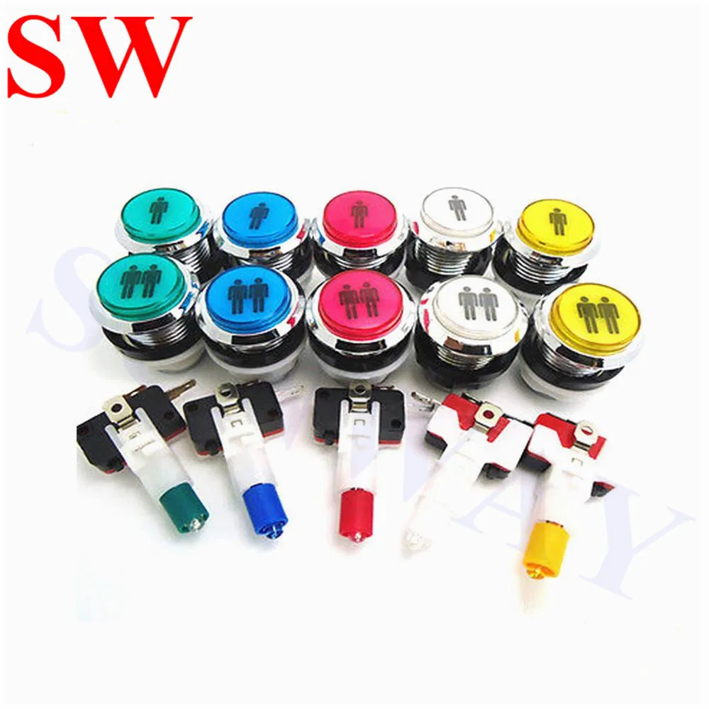 10PCS 12V LED Coin chrome Push Button Arcade Single Dual gilded push buttons with microswitch 32mm round lighted push button