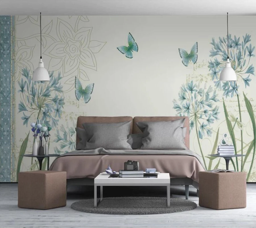 Decorative wallpaper Retro nostalgic dandelion butterfly small fresh and elegant background wall