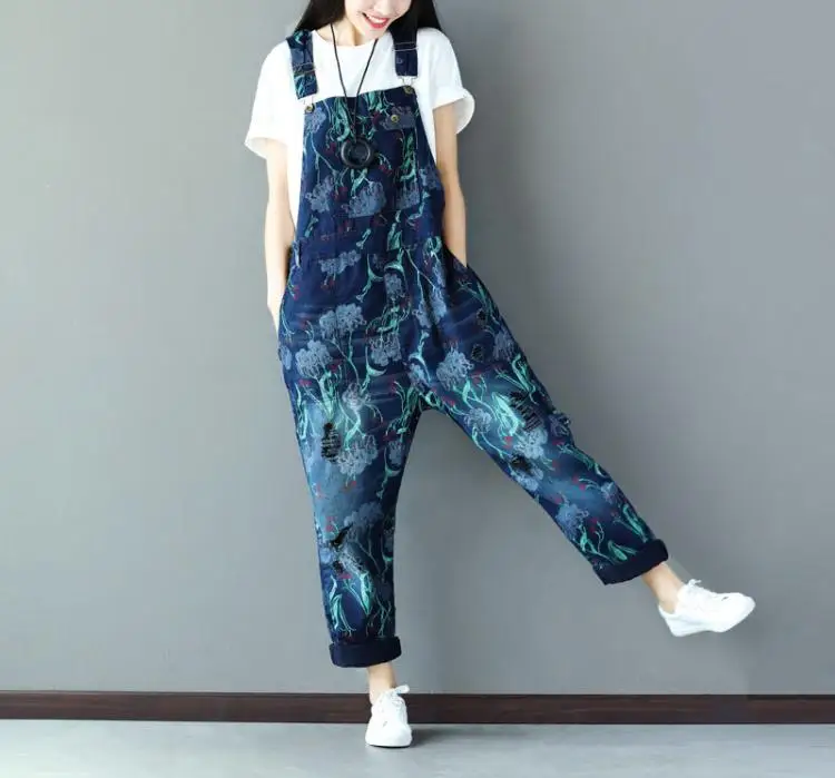 Free Shipping 2019 New Printed Ladies Overalls Denim Jeans Loose Jumpsuits And Rompers With Holes Plus Size Jumpsuits For Women