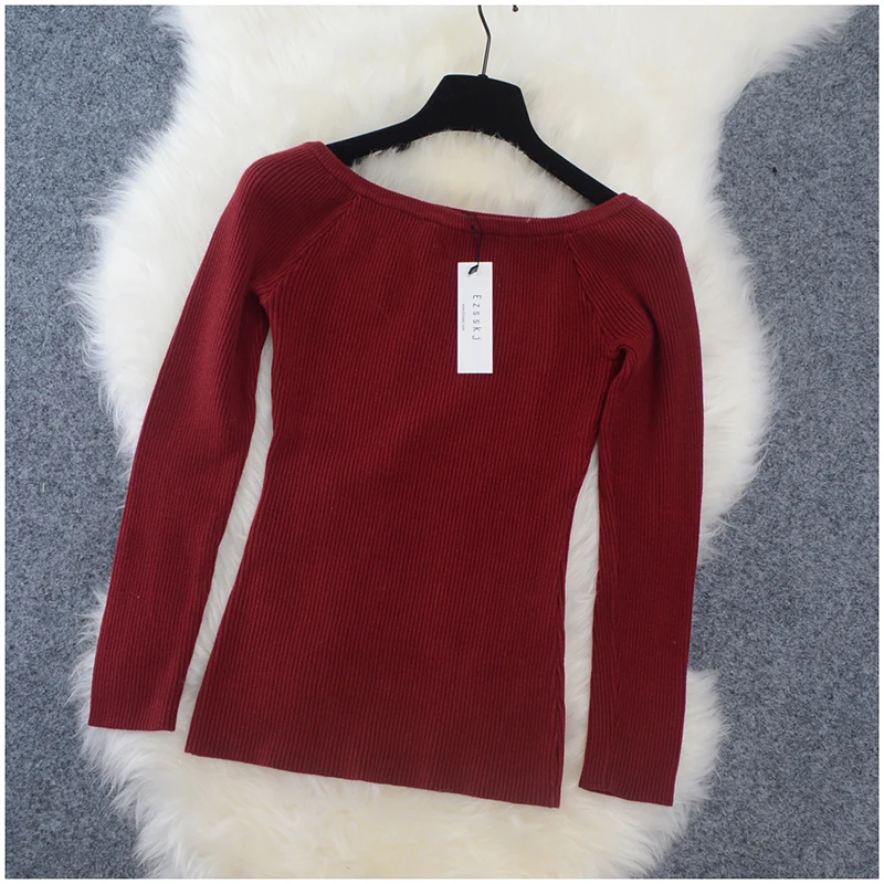 Autumn Women Knitted Pullover Sweater Slash Neck Long Sleeve Solid Sexy Slim Sueter Mujer Chompas de mujer para el invierno