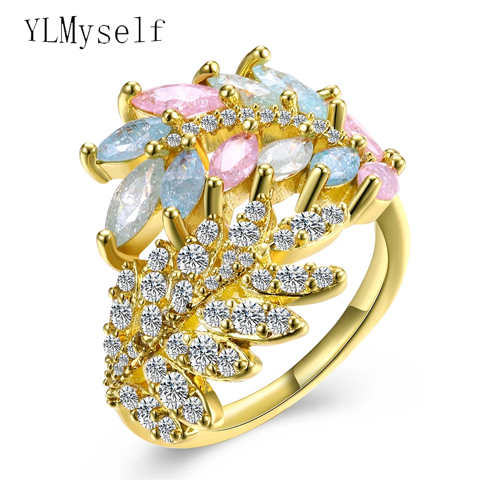 

Leaf trendy ring aneis Blue Pink Candy Color Cubic Zircon stones Beautiful female jewelry Pretty excellent finger ring