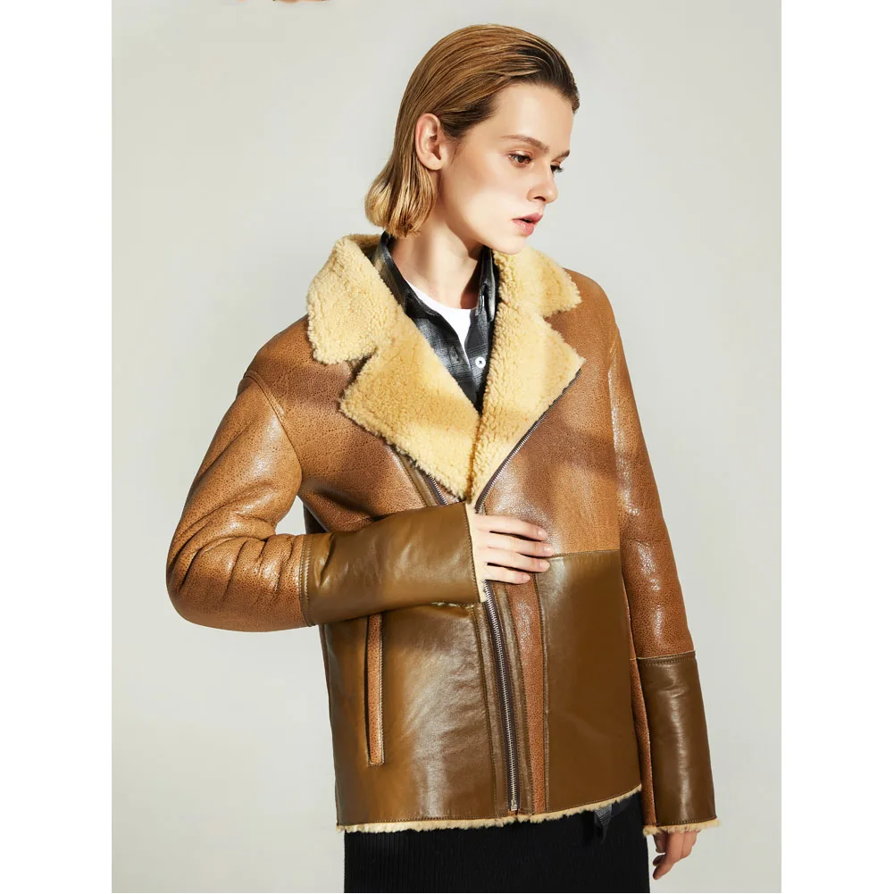 Denny&Dora Jaqueta feminina de inverno com gola aberta curta bomber marrom shearling