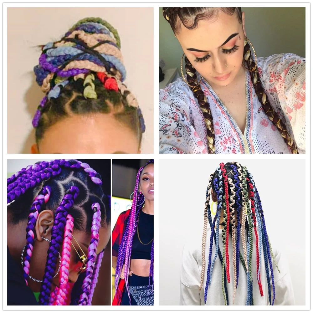 Trenzas Jumbo sintéticas de 24 pulgadas, caja de extensiones de cabello trenzado Ombre, trenzas de colores rosa, Morado, verde, gris y dorado