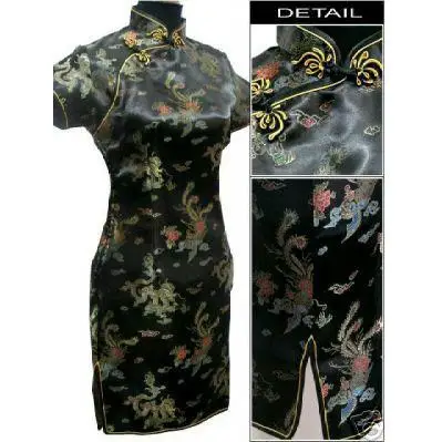 Zwart Traditionele Chinese Vrouwen Qipao Jurk Sexy Korte Mini Cheongsam Handgemaakte Knop Bloem Grote Maat 3XL 4XL 5XL 6XL