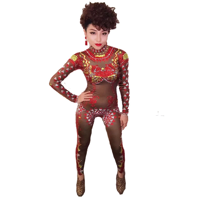 

2020 Women New Shiny Rhinestone Red Yellow Stretch Sexy Jumpsuit Bar Dance Wear Bodysuit Leggings Celebrate Performance Outfit