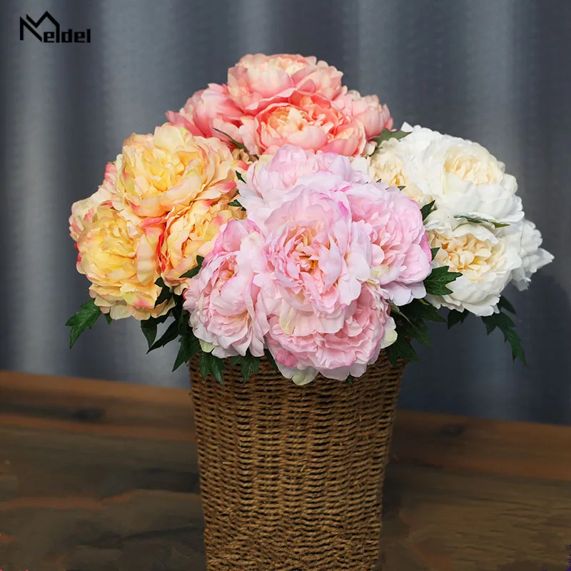 Meldel เจ้าสาวงานแต่งงานช่อดอกไม้ประดิษฐ์ Peony Posy Red DIY Bouquet ตกแต่งบ้านสำนักงาน Nosegay ดอกไม้