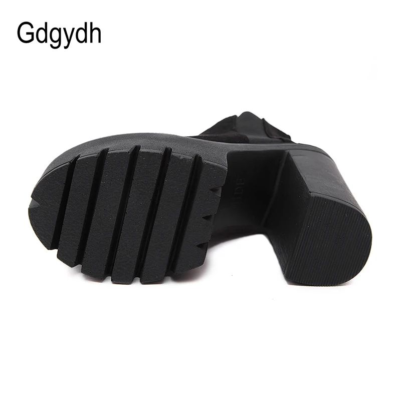 Gdgydh Fashion Black Ankle Boots For Women Thick Heels Spring Autumn Flock Platform Shoes High Heels Black Zipper Ladies Boots